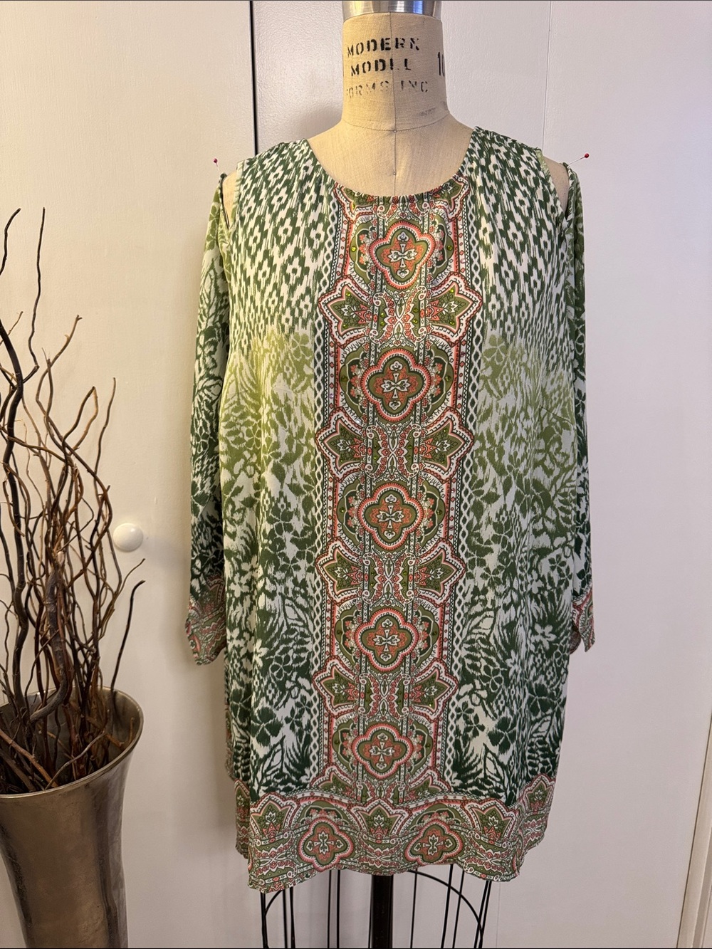 Belle by Kim Gravel Olive and Coral Paisley Cold-Shoulder Blouse